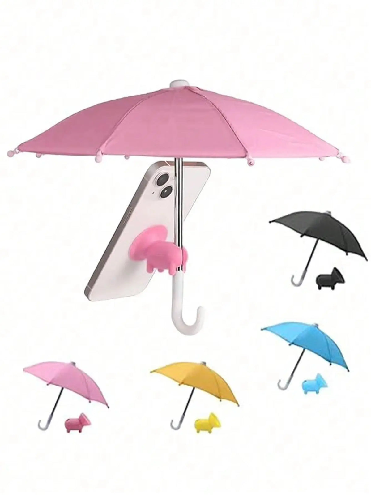 Pink UV-blocking phone sunshade with an adjustable suction cup stand and various colored umbrellas.