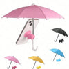 Pink UV-blocking phone sunshade with an adjustable suction cup stand and various colored umbrellas.
