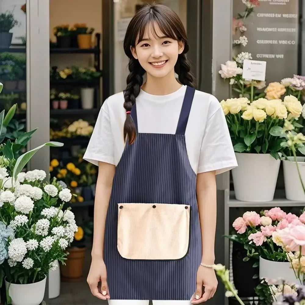 A young woman models a navy blue striped waterproof kitchen apron with a removable beige towel.