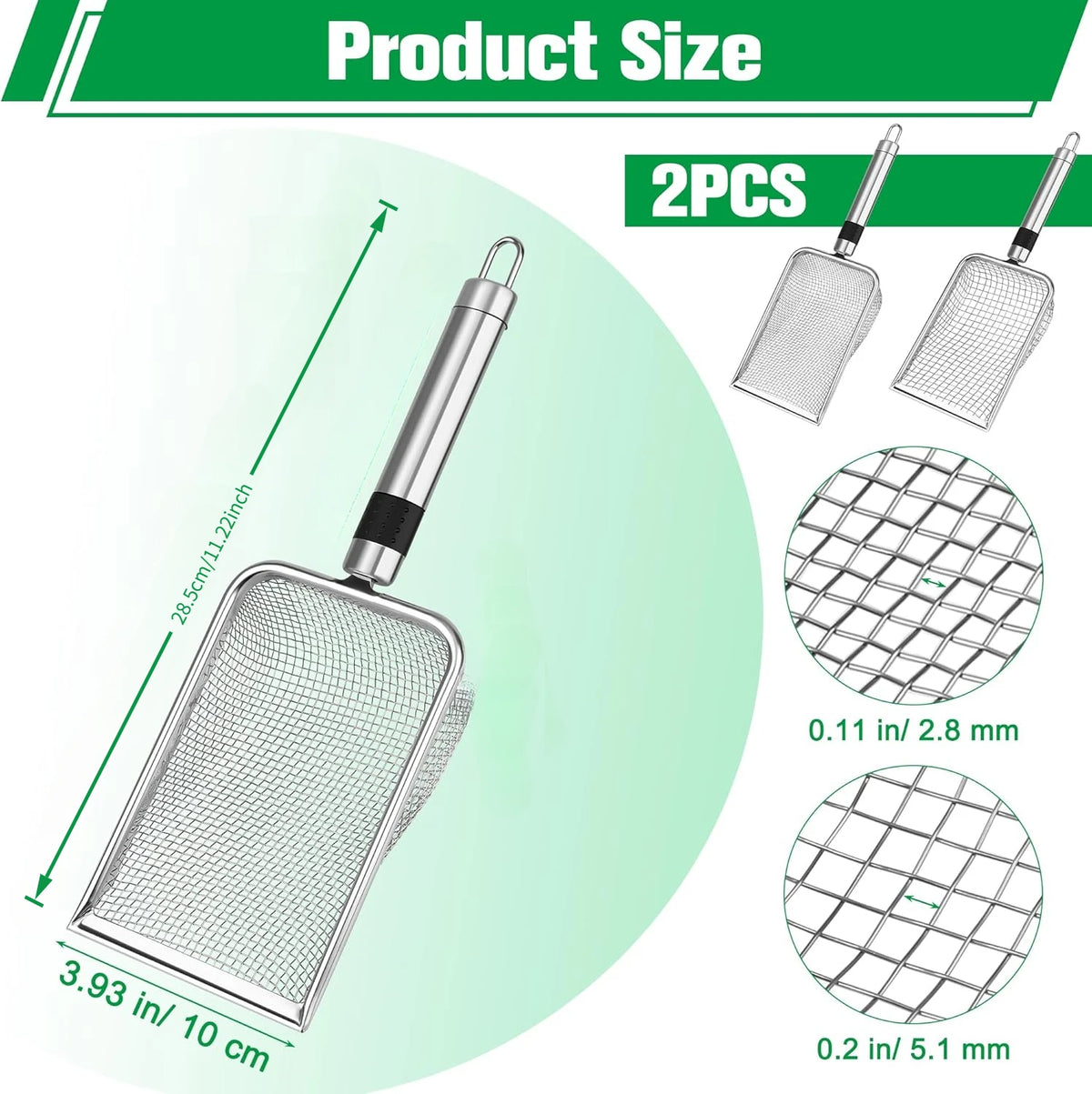 Two stainless steel mesh sieves with handles, showing different sizes and dimensions.