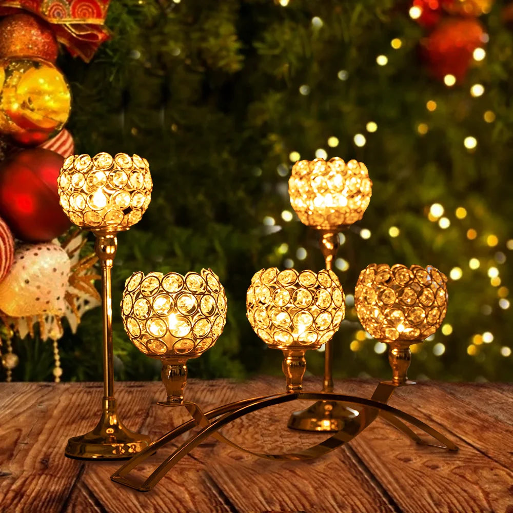 Gold 3-Arm Candelabra with Crystal Bowls for Elegant Table Decor