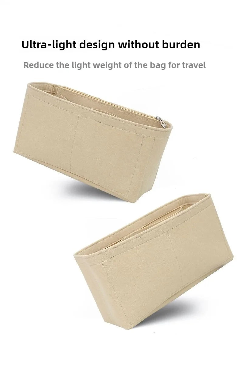 A beige felt bag organizer insert with a zipper pocket shown from the side and top view.