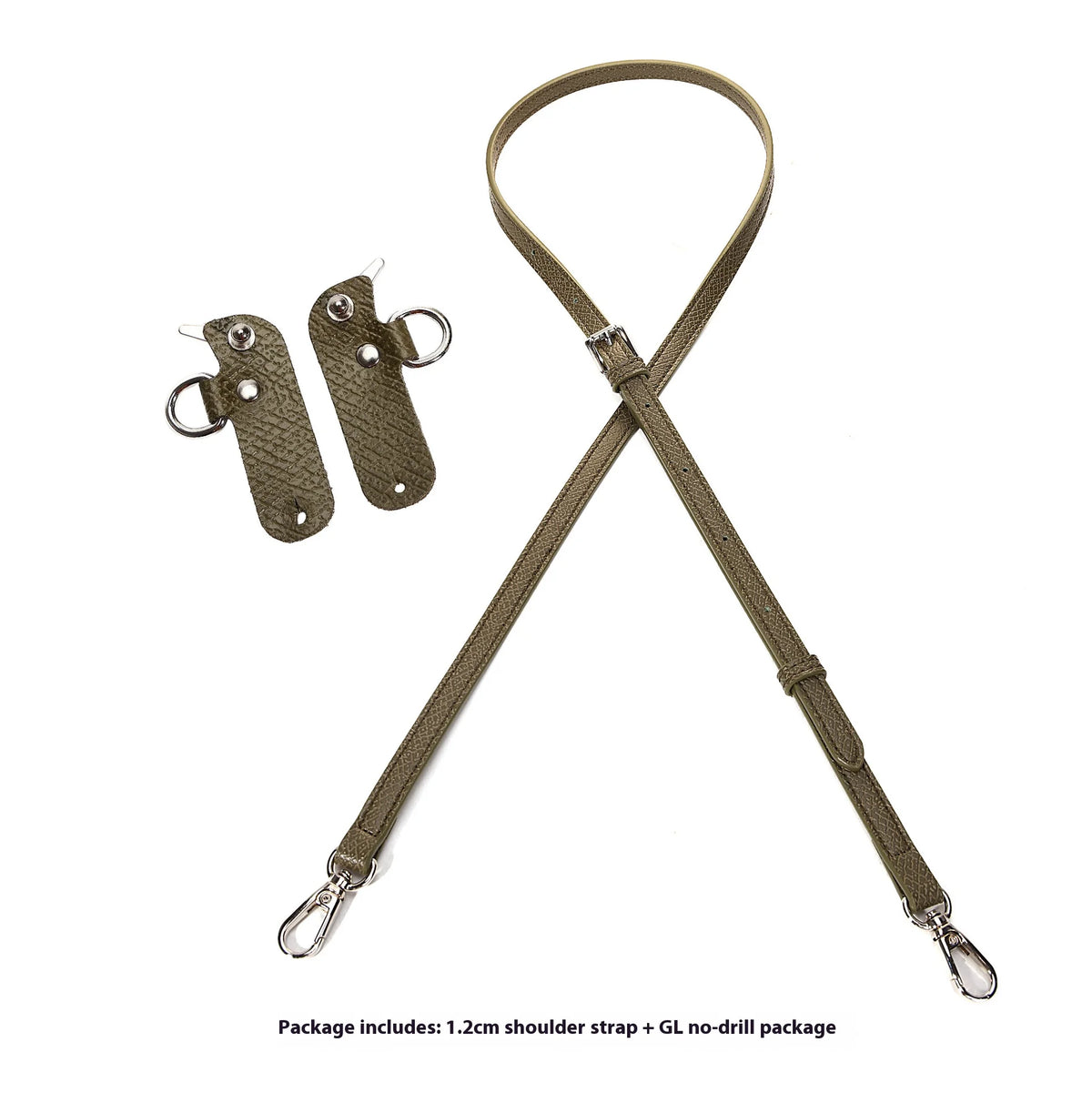 A set of olive green leather shoulder straps with alloy buckles and a long strap.