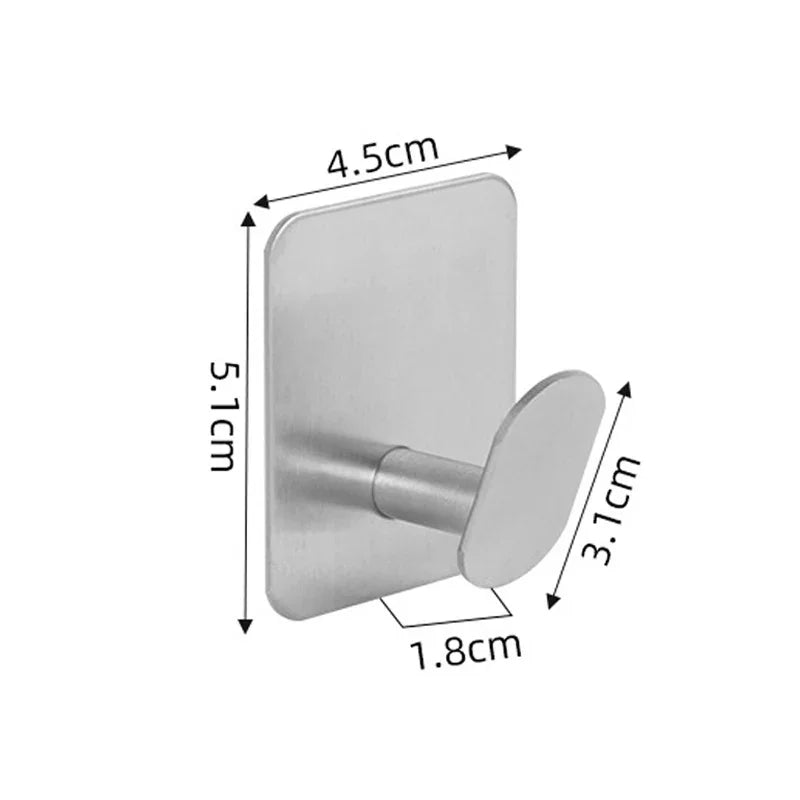 Silver adhesive stainless steel robe hooks with a flat mounting plate and curved hooks.