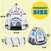A 3-piece rocket ship play tent set featuring a main tent, tunnel, and cube tent with an American flag design.