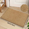 A rectangular natural fiber sisal kitchen runner rug in beige placed on a light wood floor.