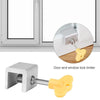 A door and window lock limiter showing a white metal stopper and a yellow plastic lever for security.