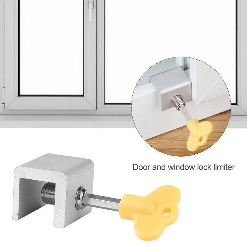 A door and window lock limiter showing a white metal stopper and a yellow plastic lever for security.