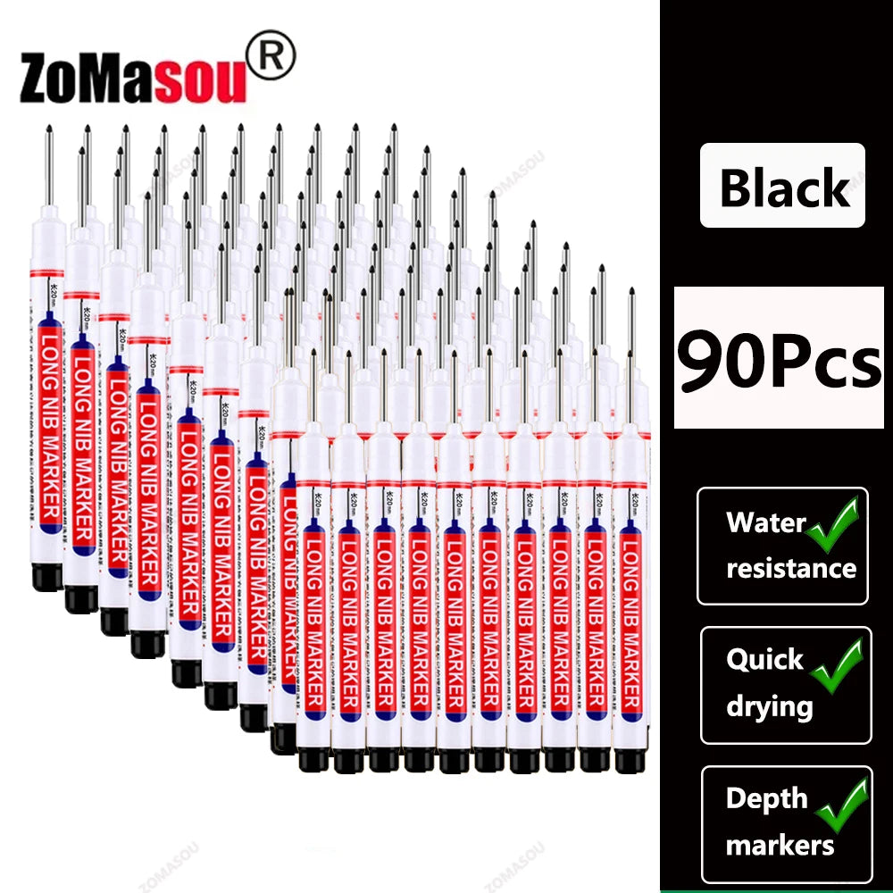 A set of black long-head waterproof deep hole markers for woodworking and construction