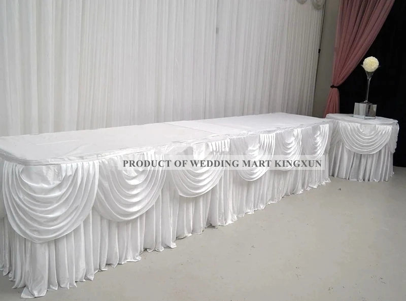 Elegant white ice silk table skirt with matching top swag for wedding decor