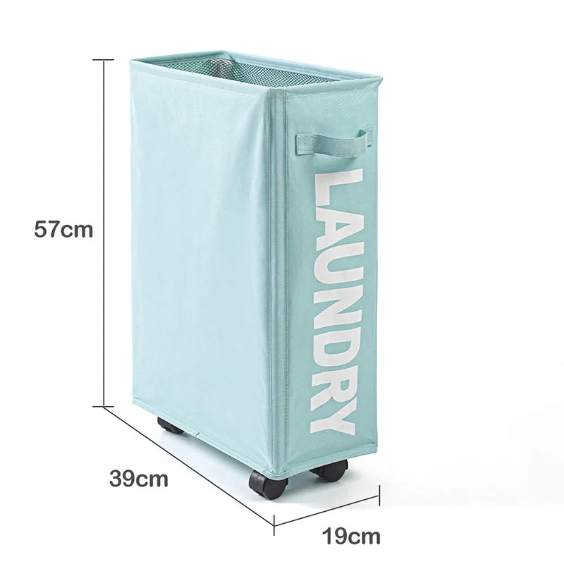 Panier de rangement à roulettes bleu clair pour linge et tapis de yoga avec un dessus en maille