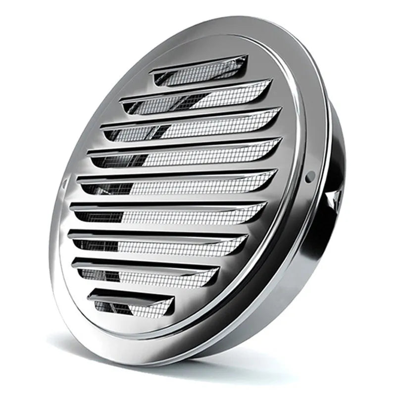 A round stainless steel ventilation grille with horizontal slats.