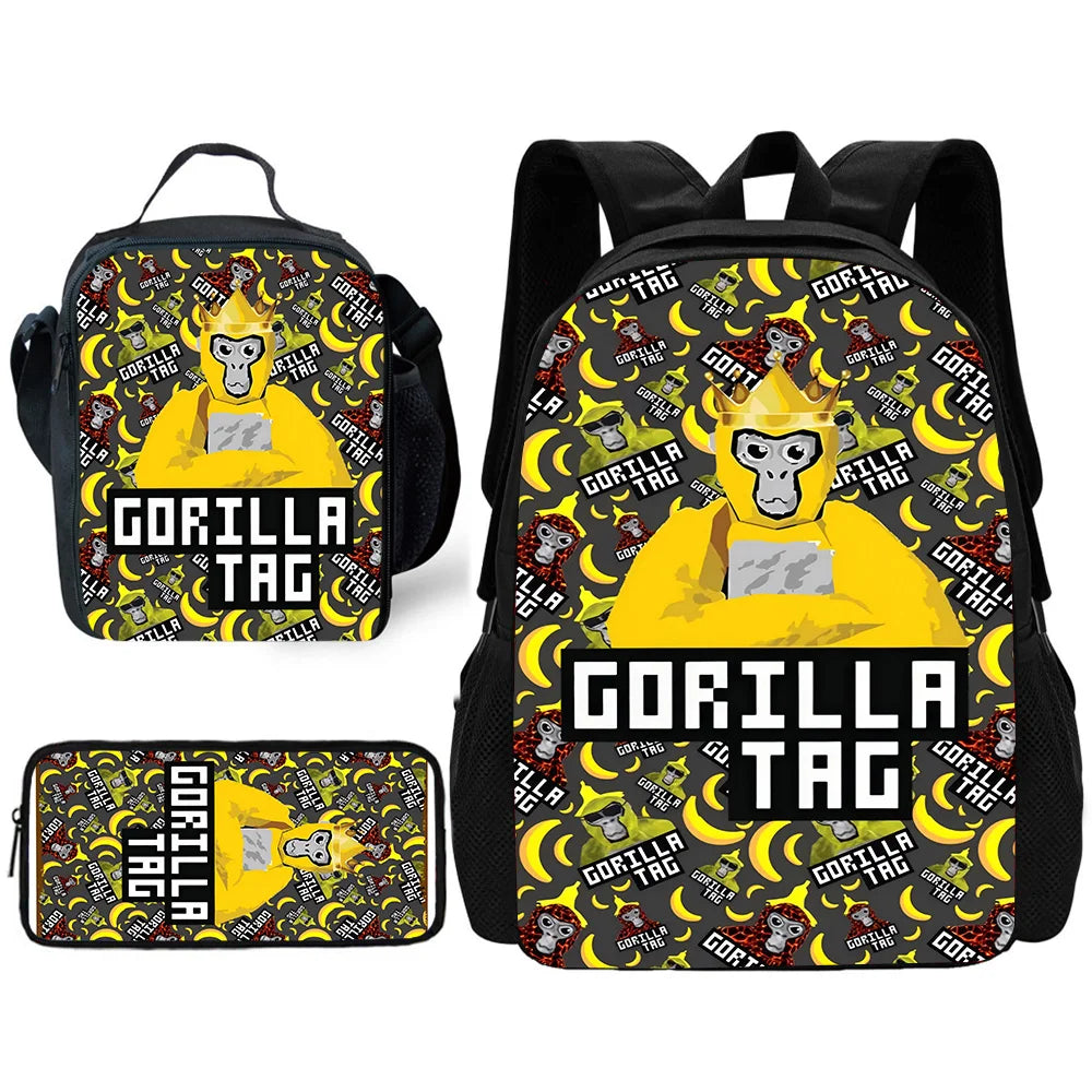 Cartoon Gorilla Kids School Backpack Set with Lunch Bag and Pencil Case