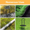 A set of black galvanized U-shaped garden staples used for securing landscape fabric and netting on grass.
