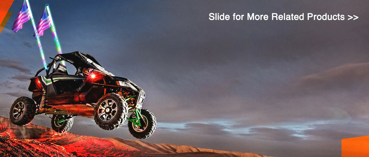 A red and black off-road buggy is shown driving on a dirt track under a dramatic sky.