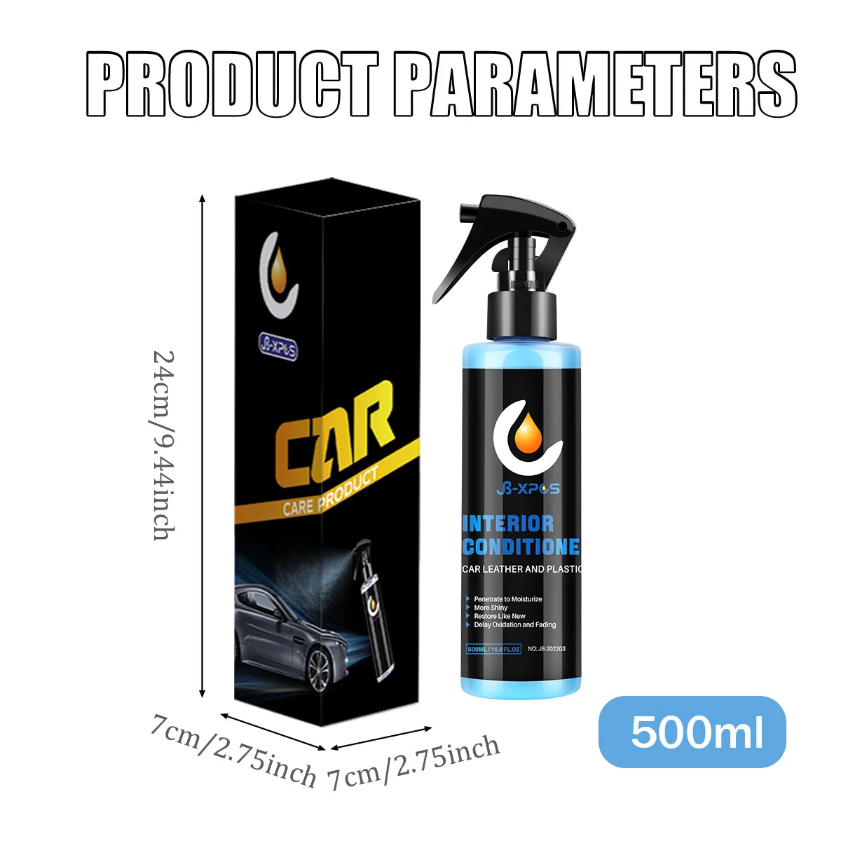 A bottle of interior conditioner for car leather and plastic with a black pump dispenser.