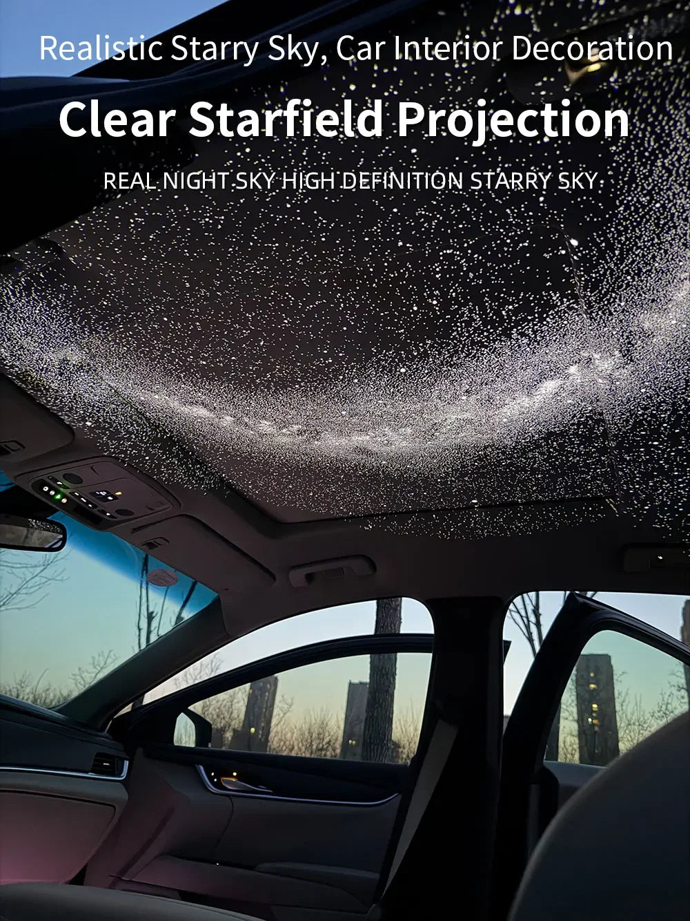 A car interior showing a clear starfield projection on the ceiling.