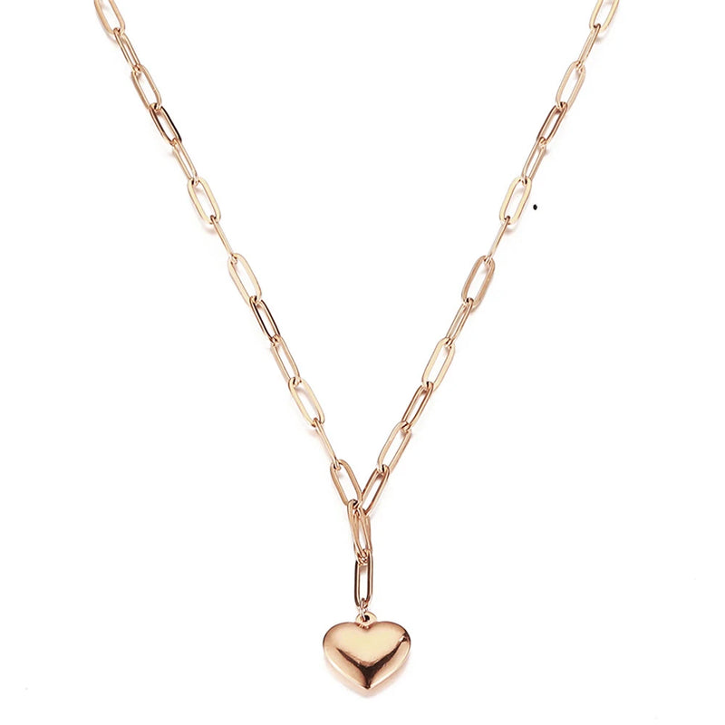 Stainless Steel Paperclip Chain Heart Pendant Necklace