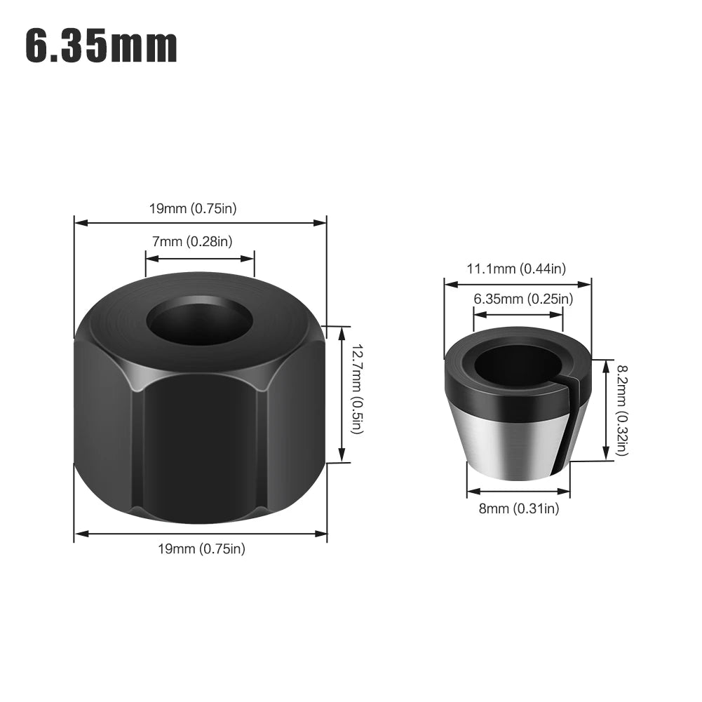 Schwarzer Präzisions-Router-Kolletmuttern mit Maßen 19mm x 7mm und zugehörigen Komponenten.