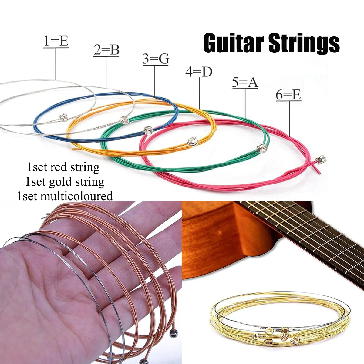 A collection of guitar strings in various gauges and colors, including red, gold, and multicolored sets.
