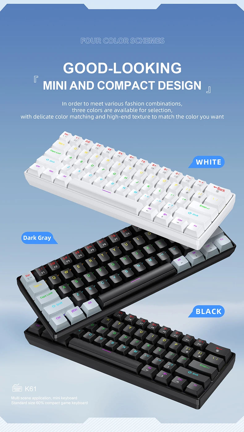 A display showing four color schemes of a good-looking mini and compact design keyboard in white, dark gray, and black.