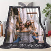 A photo blanket featuring a couple smiling, with the text Love Of My Life printed on the front.
