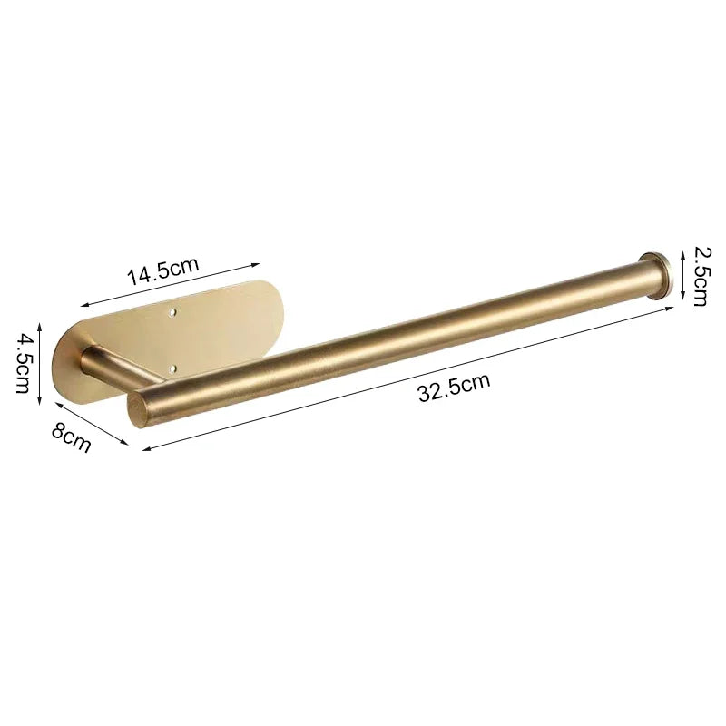 A brass or gold stainless steel wall-mounted paper towel holder with a 32.5cm bar and mounting plate.