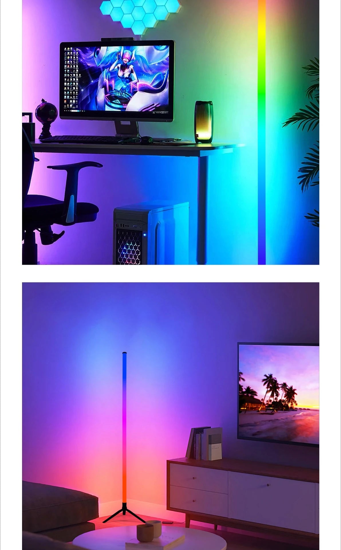 An RGB LED corner floor lamp with sound activation is illuminated in vibrant colors next to a computer setup.