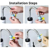 Installation steps showing how to attach a faucet water filter with a spray head to a tap.