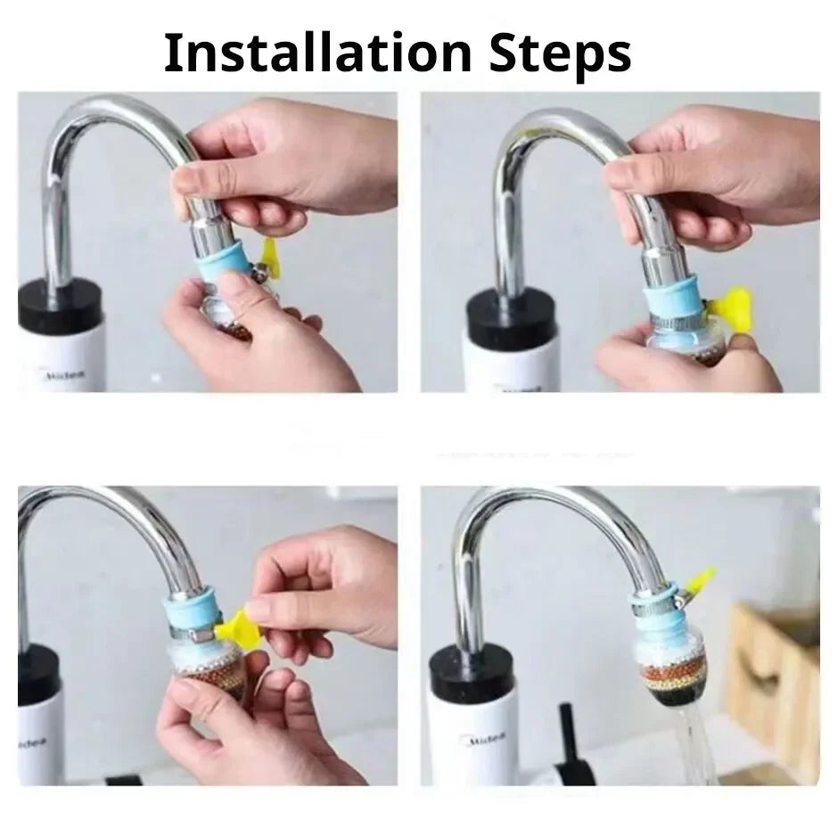 Installation steps showing how to attach a faucet water filter with a spray head to a tap.