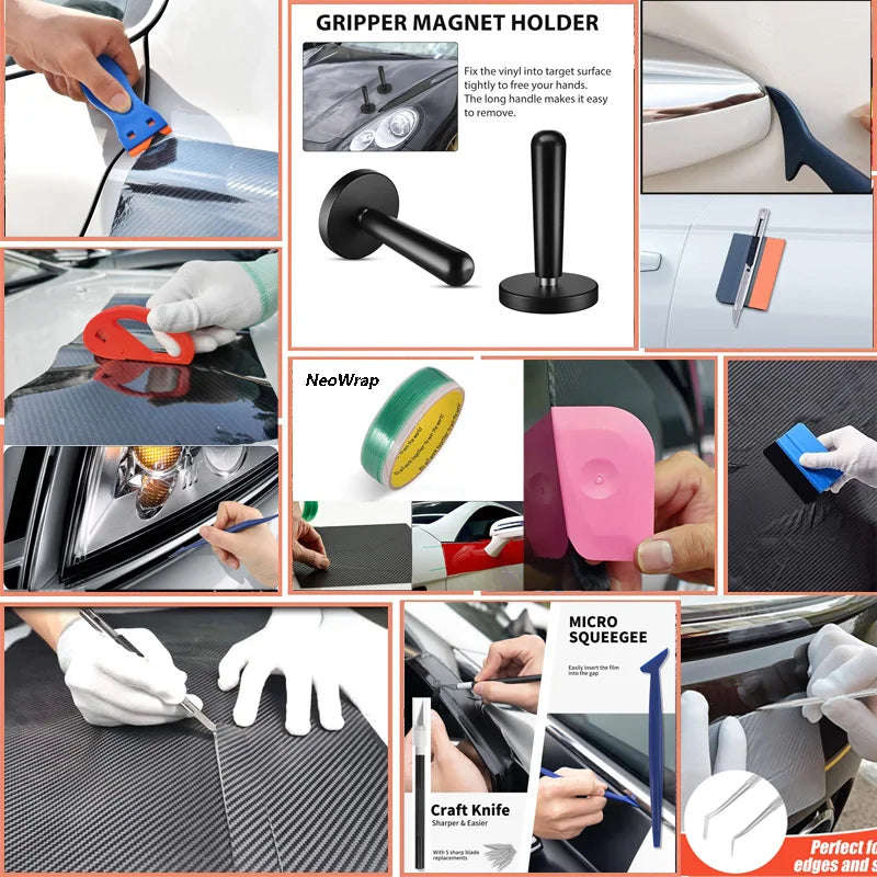 A set of tools for applying vinyl wrap and window tint, including a gripper magnet holder, wrap tool, and craft knife.