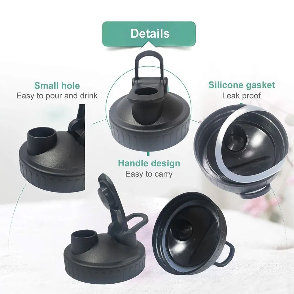 Black wide mouth mason jar lids featuring a pour spout, handle design, and silicone gasket for leak proofing.