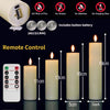 LED pillar candles with remote control and timer shown with various safety features and dimensions