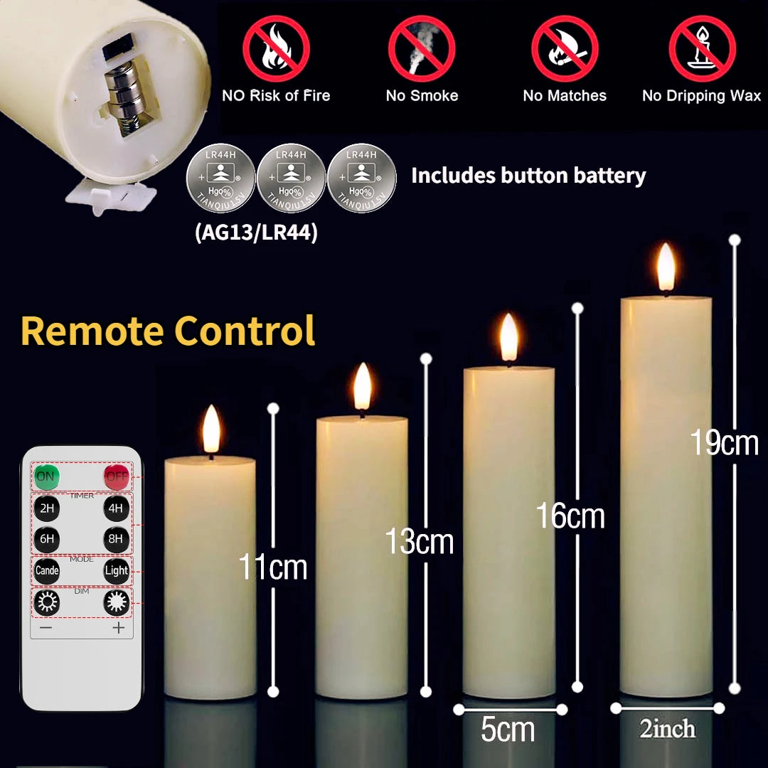 LED pillar candles with remote control and timer shown with various safety features and dimensions