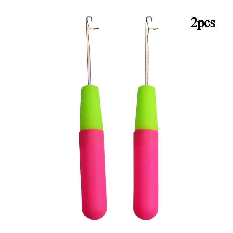 Two pairs of hair weaving crochet hooks with bright green and pink handles