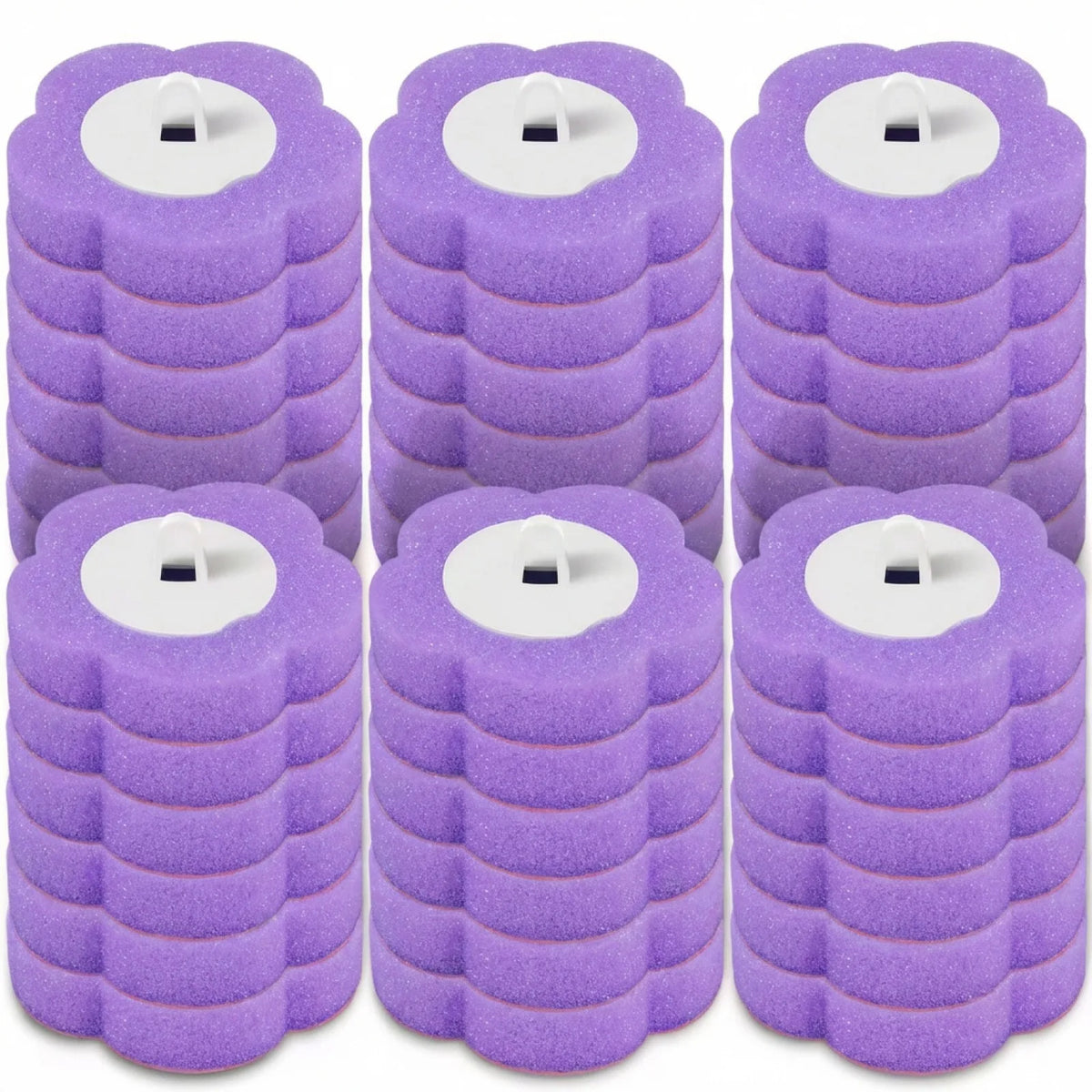 A set of purple wall-mounted toilet brushes with disposable heads arranged in a grid.
