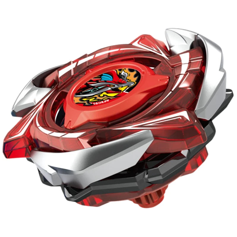 A red and silver precision metal spinning top with a dragon design, shown from an angled view.
