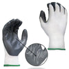 A pair of gray nitrile-coated nylon work gloves showing the texture and fit.
