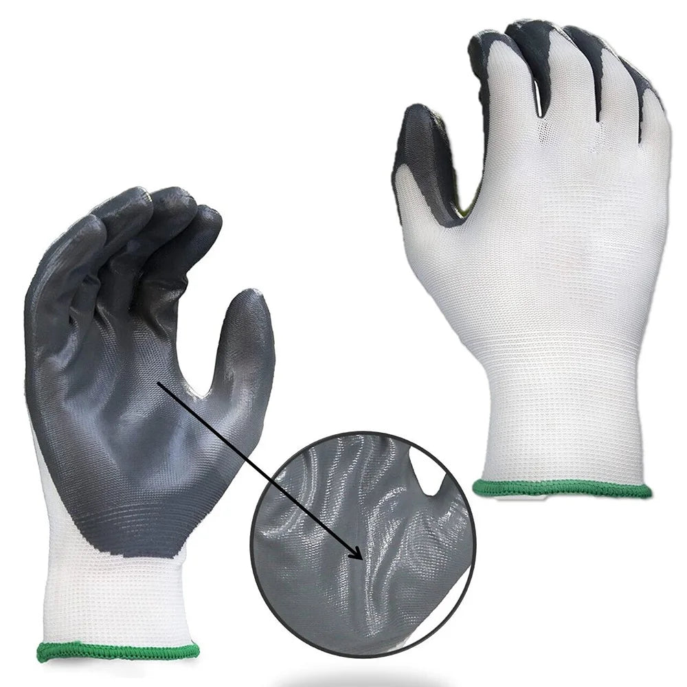 A pair of gray nitrile-coated nylon work gloves showing the texture and fit.