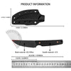 A black full tang fixed blade knife with a G10 handle and Kydex sheath shown with various dimensions.