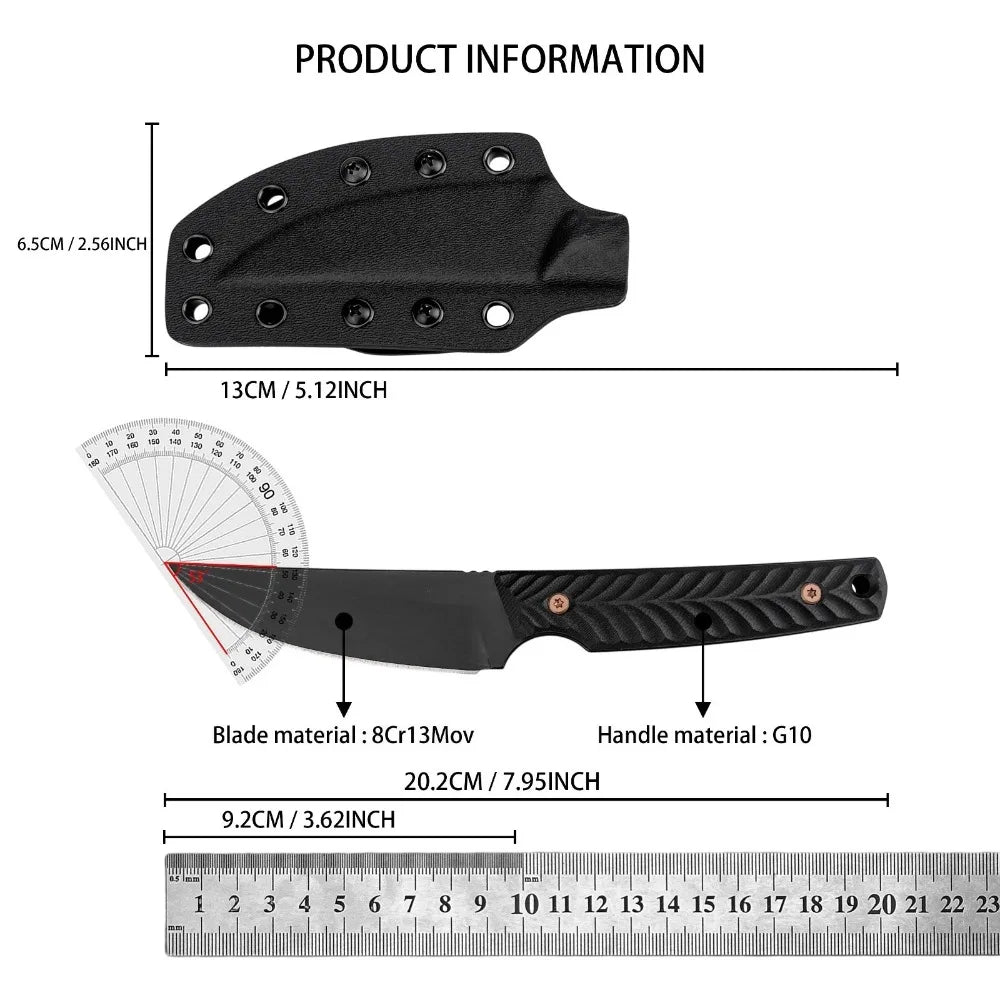A black full tang fixed blade knife with a G10 handle and Kydex sheath shown with various dimensions.