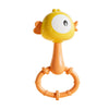 A yellow cartoon animal rattle toy with an orange handle and ring for baby sensory development.
