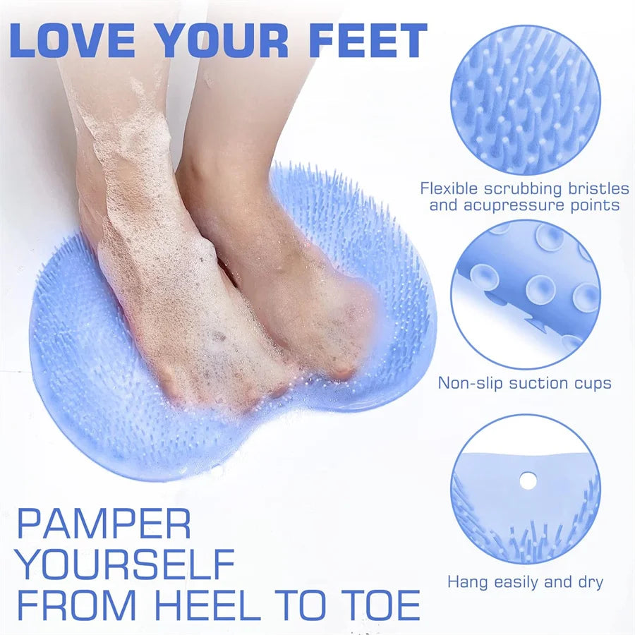 A blue foot scrubber with flexible bristles and suction cups is shown being used on a person's feet.