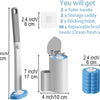A long toilet brush holder with a cylindrical container and multiple blue refill pads is shown.