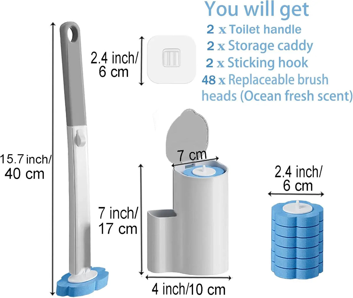 A long toilet brush holder with a cylindrical container and multiple blue refill pads is shown.
