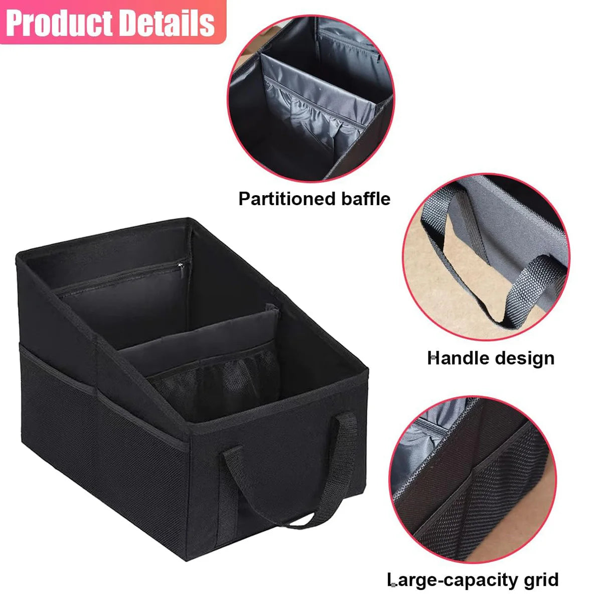 Support pour dossier de siège de voiture pliable noir avec baffle compartimentée, poignée et grille à grande capacité.