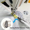 A close-up of a sewing machine pressing foot being used to sew fabric, with an inset showing a sewing rolled hammer foot.