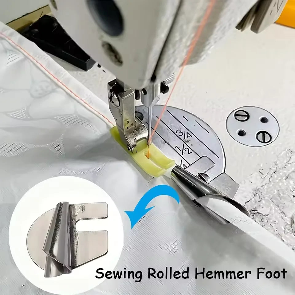 A close-up of a sewing machine pressing foot being used to sew fabric, with an inset showing a sewing rolled hammer foot.