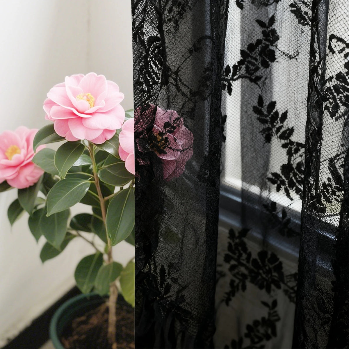 Two panels of vintage floral lace sheer curtains in black and white patterns.