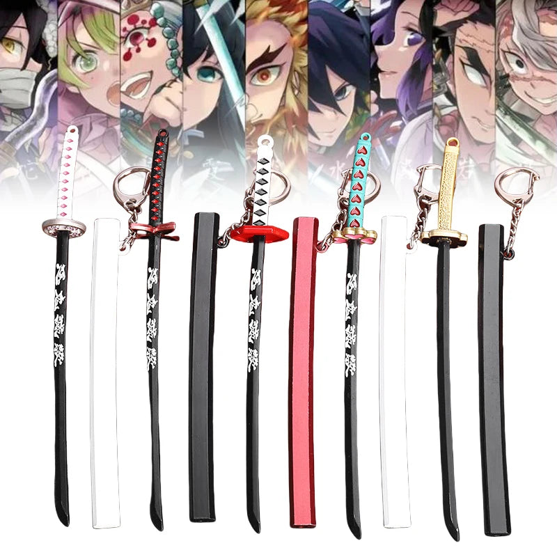 A collection of Demon Slayer mini katana replicas featuring various designs and metal swords.